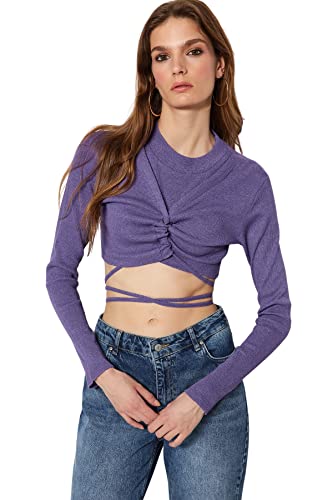Trendyol Damska bluzka dzianinowa ze stójką, Fioletowy, XL