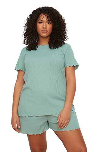 Trendyol Damska koszulka z gładkiej dzianiny - krótki zestaw piżam plus size, miętowy, 2XL (2 sztuki), Miętowy, XXL