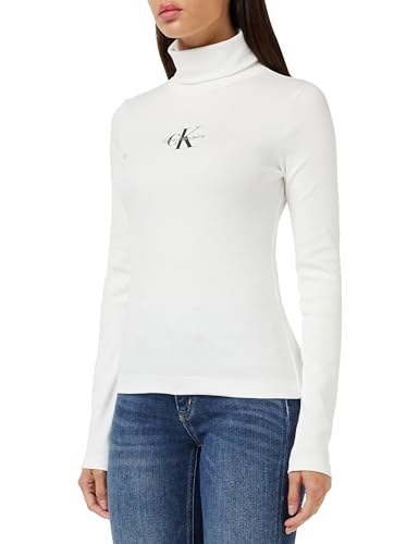 Calvin Klein Jeans Damskie topy z dzianiny Monologo Rib Roll Neck L/S, Jasnobiały, XXL