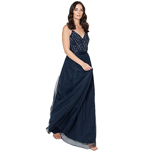 Maya Deluxe Damska sukienka maxi Maya bez rękawów w paski zdobiona sukienka maxi na studniówkę, granatowa, 12