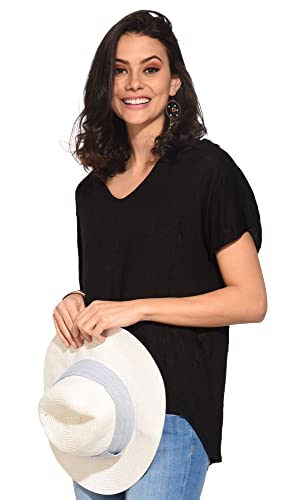 Tunika damska 100% lniana Made in Italy, Dwumateriałowy top z dekoltem V z zagięciami z tyłu i krótkimi rękawami, czarna, rozmiar: XL, czarny, XL