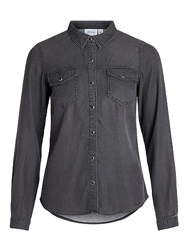 Vila damska koszula jeansowa kieszenie, czarny denim, XL