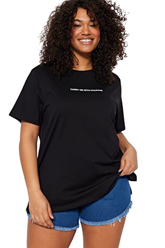 Trendyol Damska koszulka z dzianiny o luźnym kroju z okrągłym dekoltem w rozmiarze plus size, Czarny, XLus