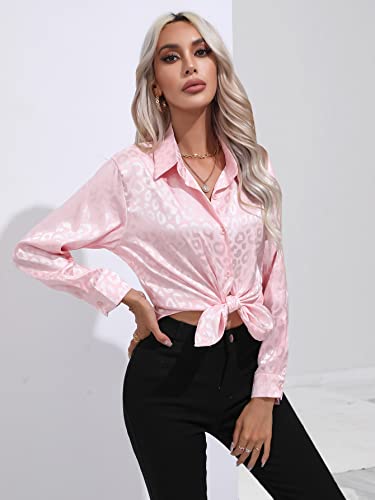 Clotth Damska koszula satynowa w leopard, koszula z długim rękawem z satynowego jedwabiu Button Down Shirt, różowy-m, M