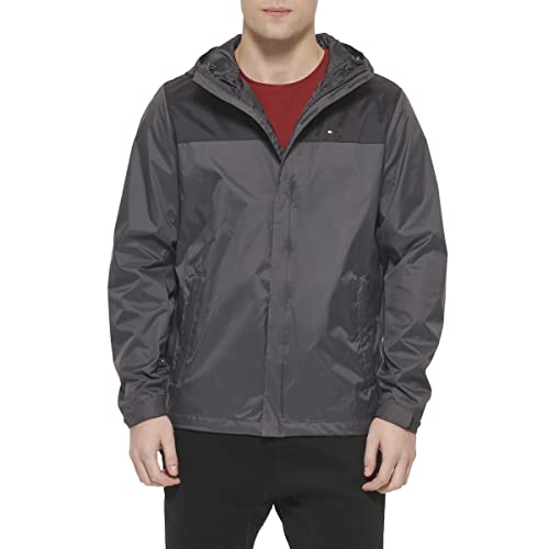 Tommy Hilfiger Męska wodoodporna oddychająca kurtka z kapturem płaszcz przeciwdeszczowy, Czarny/węgiel drzewny, XL