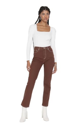 Trendyol Brown Kontrastowa Wątek Wysokie Stan Bootcut Jeansy Damskie, br?zowy, 34