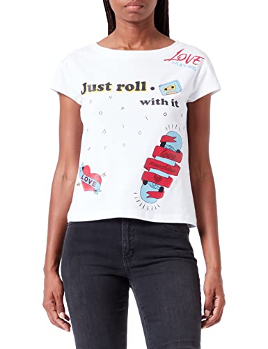 Love Moschino Koszulka damska Boxy Fit Short Sleeves Just Roll with It Print, optical white, 48