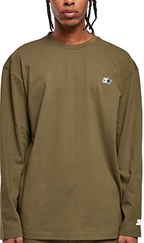 STARTER BLACK LABEL Męski T-shirt z długim rękawem, wyszywane logo na klatce piersiowej i nadrukiem rękawów, naszywka z logo na obszyciu, Essential Longsleeve Tee, rozmiar S do XXL, Darkolive, M