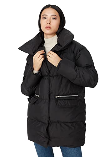 Trendyol Damska kurtka zimowa z klapą, jednokolorowa, oversize, czarna, M, Czarny