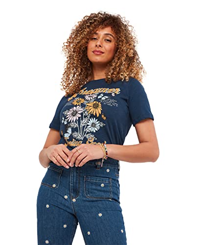 Joe Browns Damska koszulka z okrągłym dekoltem Summer Dreamer z grafiką kwiatową, niebieska, 6, granatowy, 32
