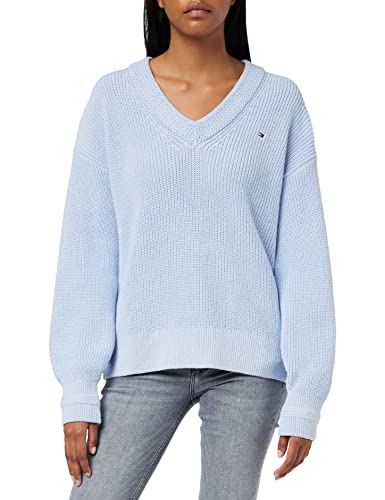Tommy Hilfiger Damski sweter V-NK z dzianiny z bawełnianego żeberka, Breezy Blue, XL