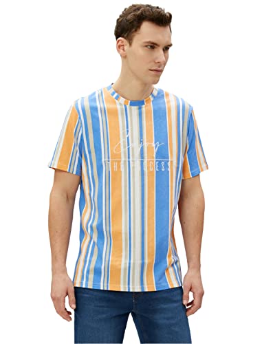 Koton Męski t-shirt z logo z okrągłym dekoltem i krótkim rękawem, beżowy pasek (08 l), L