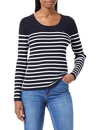 Tommy Hilfiger Damski sweter z bawełny organicznej w paski z okrągłym dekoltem, Breton Stp/Ecru Desert Sky, M