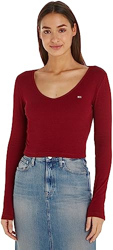 Tommy Jeans Damskie topy z dzianiny Tjw BBY CRP Essential Rib V Ls L/S, Czerwony, XS