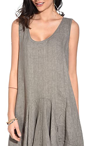 Bonateks damska sukienka tunika 100% lniana wyprodukowana we Włoszech, tunika z okrągłym dekoltem, wielowarstwowa, niebo, rozmiar: L, Niebo, L