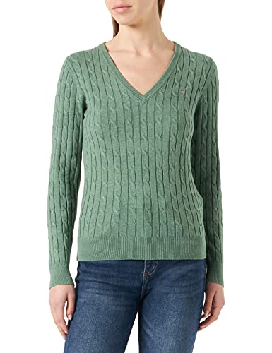 GANT Damski sweter ze stretchem Cotton Cable z dekoltem w serek, zielony jadeitowy, standardowy