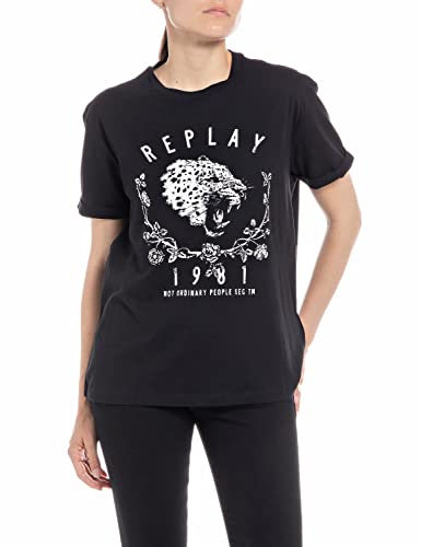 Replay T-shirt damski z krótkim rękawem z nadrukiem, 098 BLACK, S