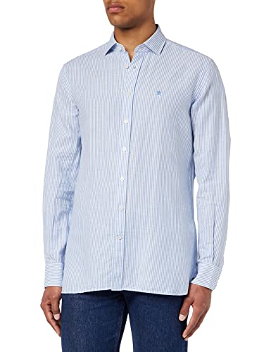 Hackett London Męska koszula bawełniana Linen Bengal, biały/niebieski, 17