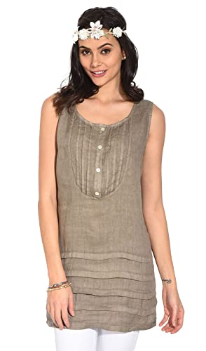 Sukienka damska 100% lniana Made in Italy, Krótka sukienka z wiązanym kołnierzem tunezyjskim i falbankami, len, rozmiar: L, len, L