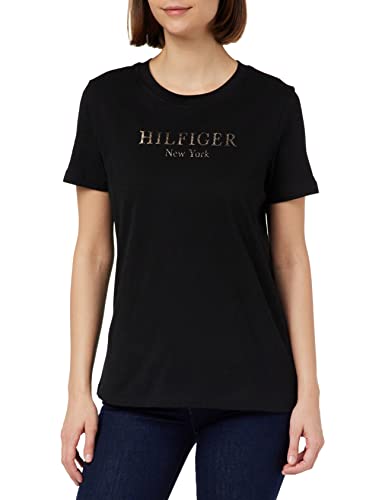 Tommy Hilfiger REG FOIL Hilfiger C-NK SS S/S dzianinowe topy, czarne, XXS