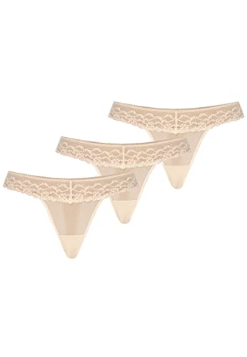 Teyli Damskie stringi tanga z siatki z koronką, 3 sztuki w opakowaniu, beżowy, L