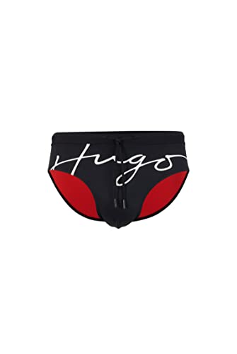 HUGO Męskie kąpielówki Laguna z pojedynczego dżerseju z ręcznie napisanym logo, czarny (Black1), L