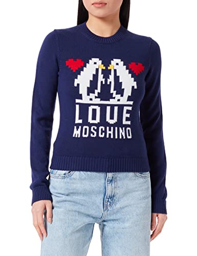 Love Moschino Damski sweter Slim Fit Long Sleeved with Love Penguins żakardowy Intarsia Pullover Sweater, ciemnoniebieski, 38