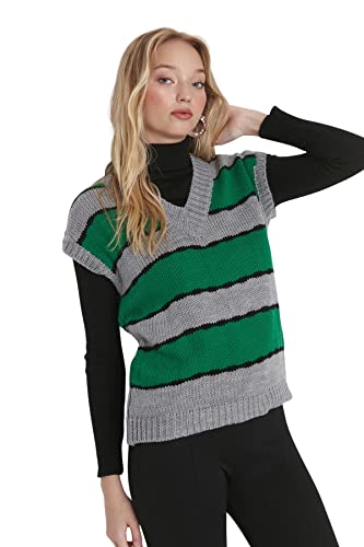 TRENDYOL Damska kamizelka z dekoltem w serek z loganem, regularna, dziergana bluza, szara, M, szary, M