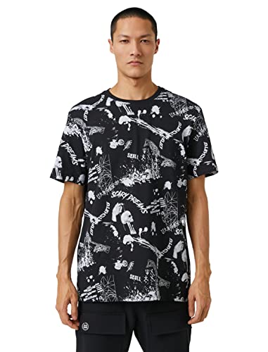 Koton Męski T-shirt z nadrukiem czaszki z okrągłym dekoltem i krótkim rękawem, Black Design (06D), XL
