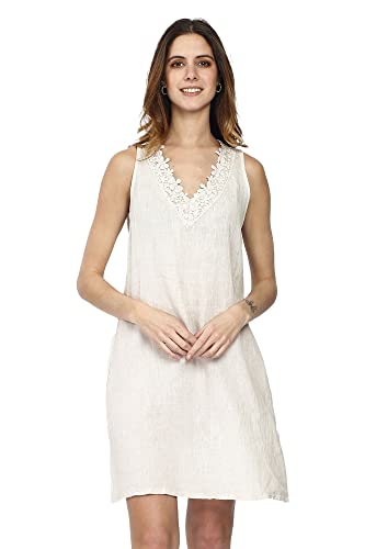 Bonateks Sukienka damska 100% lniana Made in Italy, Haft bez rękawów na dekolt w serek, Jasny beż, Rozmiar: XL, Jasny beżowy, XL