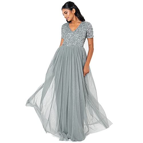 Maya Deluxe Damska sukienka maxi z dekoltem w serek zdobiona druhna, Misty Green, 16