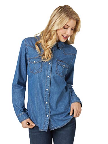 Wrangler Damska koszula dżinsowa z długim rękawem Western, Średni dżins, XL