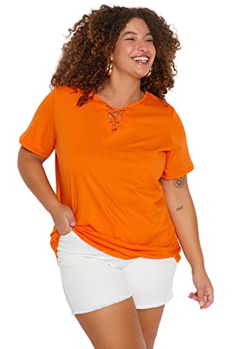 Trendyol Damska koszulka plus size, luźna, podstawowa, dzianinowa, dekolt w serek, duży rozmiar, pomarańczowy, 3XL