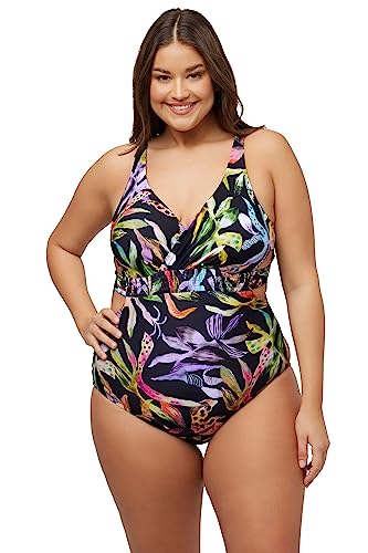 Ulla Popken Damski kostium kąpielowy z motywem kwiatów z recyklingu, czarny, 44