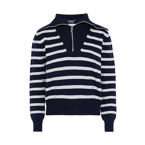 Bridgeport Damski sweter z dzianiny w paski z zamkiem błyskawicznym i granatowym dekoltem, granatowy, wełniany, białe paski, rozmiar M/L, Ciemno-granatowe białe paski, M