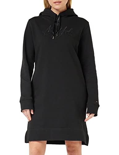Tommy Hilfiger Damska REG VLVT Trim Hood Krótka bluza z kapturem DRS LS Sukienka z kapturem, Czarna, XS