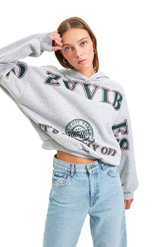 Trendyol Damska bluza z kapturem z nadrukiem w kolorze szarym, L/XL