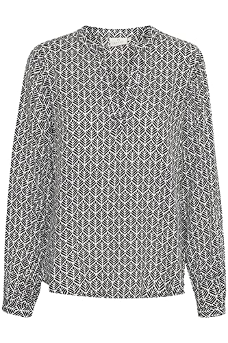 KAFFE damska bluzka z długim rękawem V-Neck, czarna/chalk fan print, 36