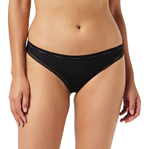 Calvin Klein Damskie stringi z dżerseju z mikrofibry ze stretchem i koronką, czarny, XS