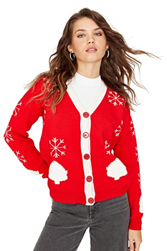 Trendyol Damski sylwester glam regularny krój podstawowy dekolt w serek dzianinowy kardigan czerwony, Czerwony, S