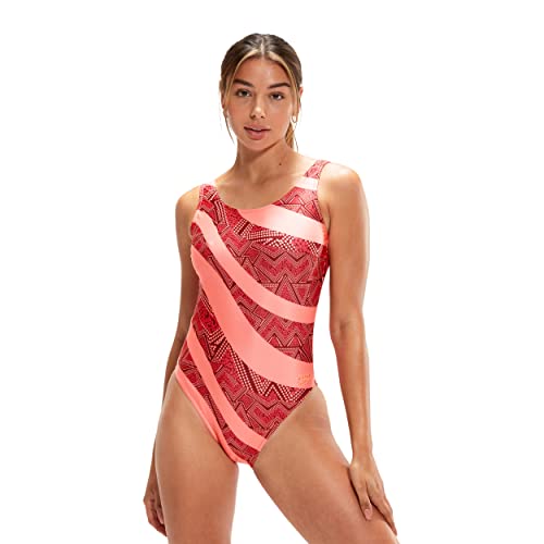 Speedo Damski kostium kąpielowy z głębokim dekoltem w kształcie litery U czerwony/pomarańczowy, Oxblood/miękki koral, 44