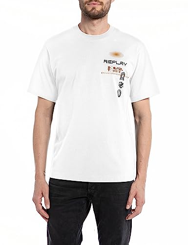 Replay Męski T-shirt z krótkim rękawem, okrągły dekolt z nadrukiem z tyłu, biały (Natural White 011), XL, Natural White 011, XL