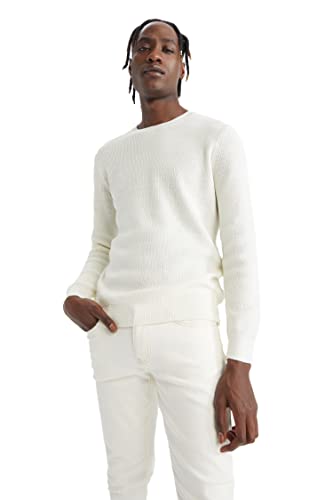 DeFacto Męski sweter z dzianiny z długim rękawem, okrągły dekolt, slim fit dla mężczyzn, topy (ecru, XXL), écru, XXL