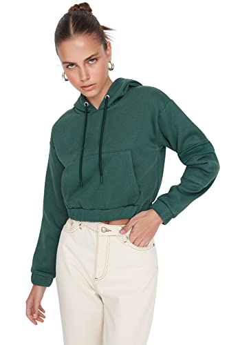 Trendyol Damska bluza z kapturem, jednokolorowa, przycięta, zieony (Szmaragdowa zieleń), L