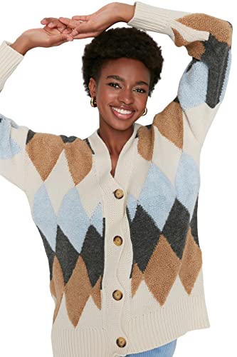 Trendyol Damski młody regularny standardowy kardigan z dekoltem w serek, KAMIEŃ, L