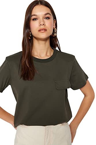 Trendyol Damska koszulka z dzianiny o regularnym kroju z okrągłym dekoltem, khaki, XL, Khaki, XL