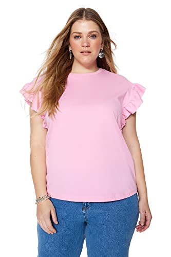 Trendyol Damska koszulka z dzianiny o regularnym kroju z okrągłym dekoltem w rozmiarze plus size, różowy, 3XL, różowy, 3XL