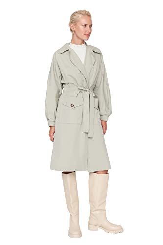 Trendyol Damski trencz outdoorowy khaki Belden rozkładanie i pasek szczegółowy długi oversize trencz, Jasny Khaki, 60