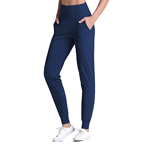 LOS OJOS Damskie spodnie do biegania – spodnie dresowe z wysoką talią i kieszeniami, Granatowy (True Navy), L