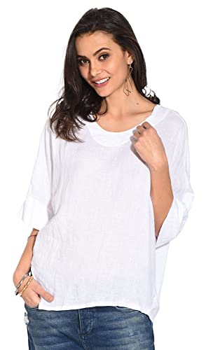 Bonateks damska top 100% lniana tunika Made in Italy, dwumateriałowa koszulka z okrągłym dekoltem z rękawami nietoperza, biała, rozmiar: XL, biały, XL